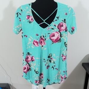 Twenty Aqua and Magenta Floral V-Neck Tee